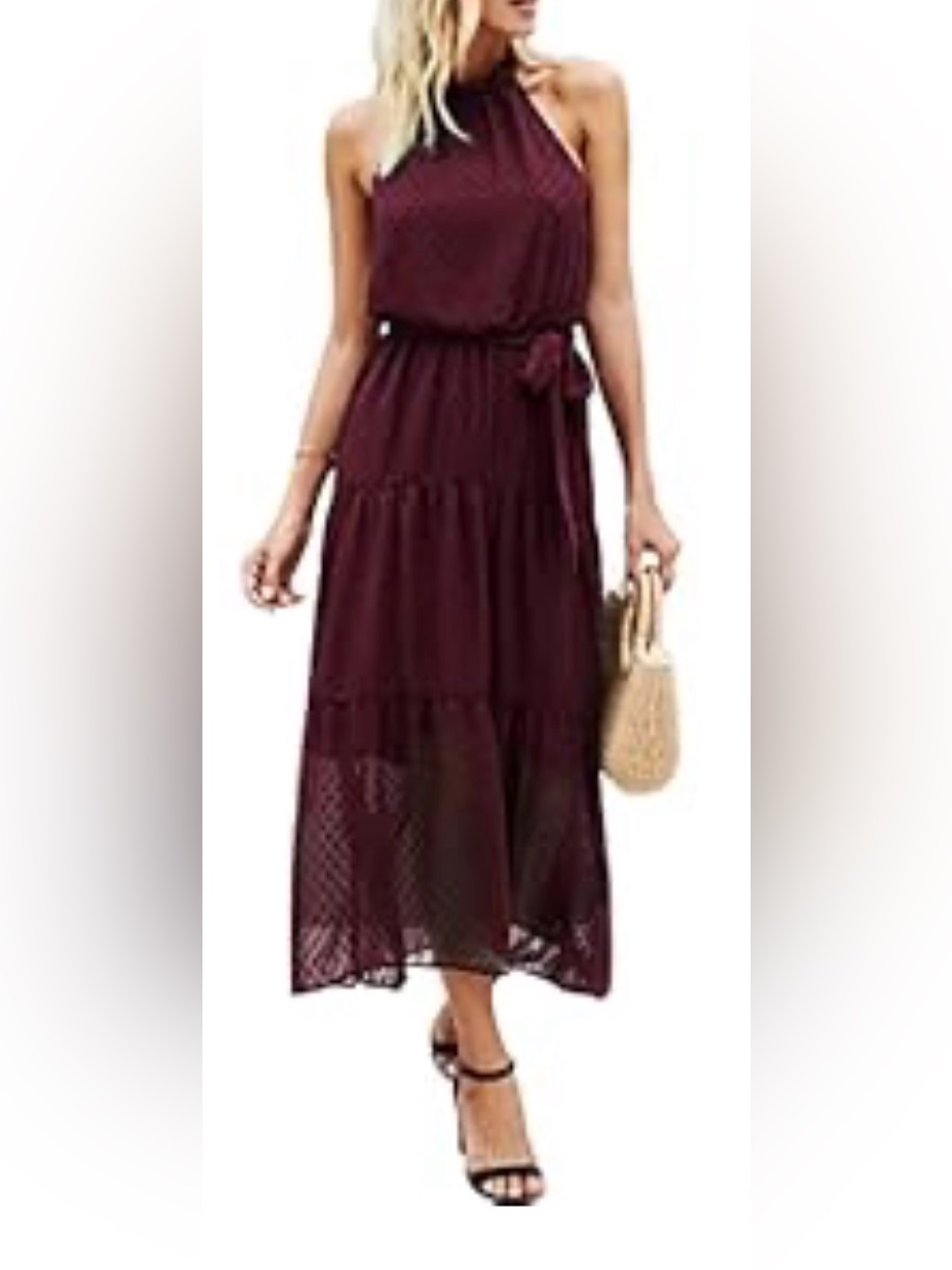 Pretty Garden Sleeveless Halter Midi Dress In Burgundy With Optional Belt